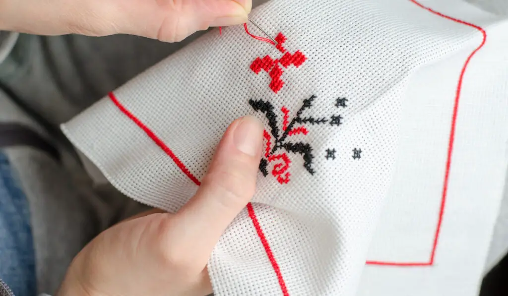 closeup of a woman's hand cross-stitching on white canvas