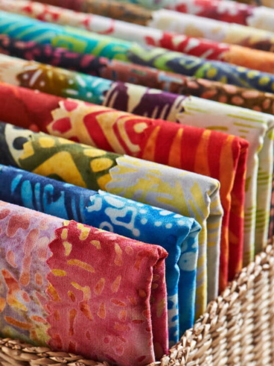quilting batik fabrics in a basket