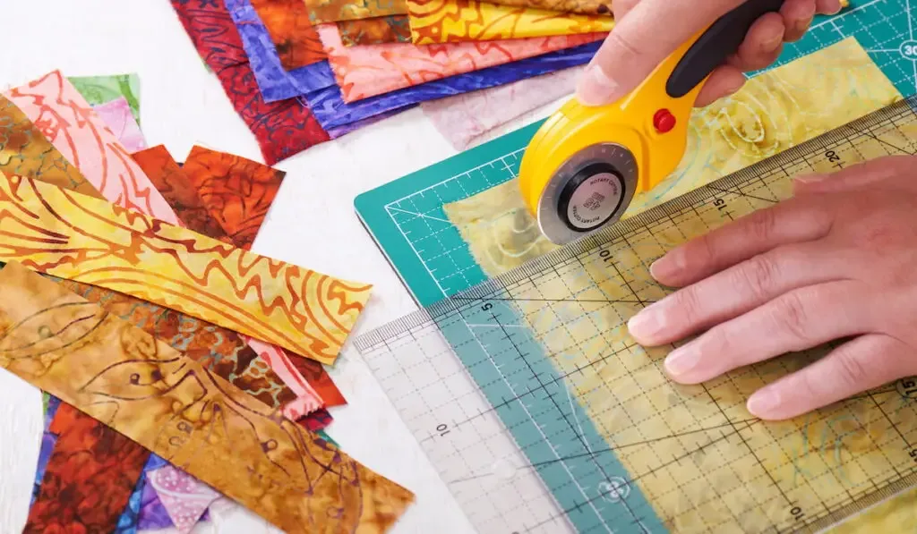  cutting fabric pieces by rotary cutter