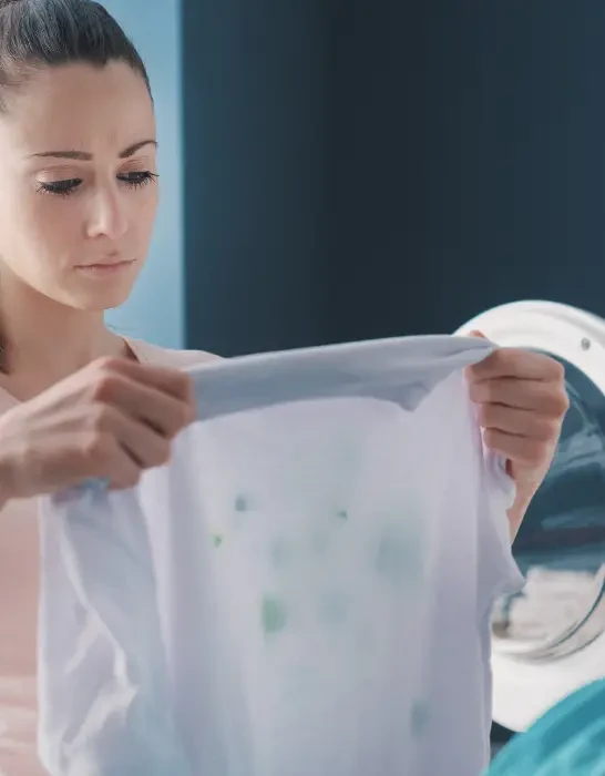 Disappointed woman holding stained clothes